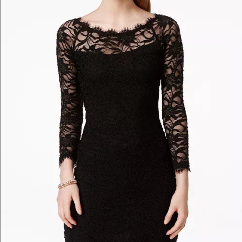 Juniors body con black lace off the shoulder dress
